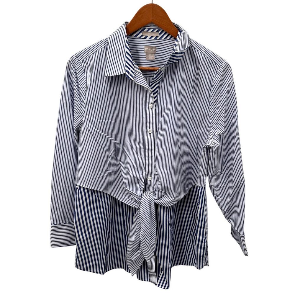 CHICO'S 100% Cotton Blue Stripe Tie Front Button Up No Iron Shirt // 12P